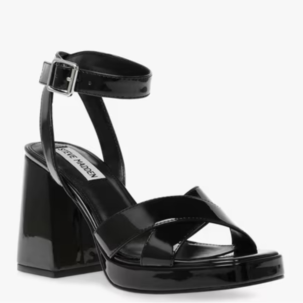 Steven Madden Glossy Patent Vegan Leather Angle Crisscross Block Heel Shoes 8.5